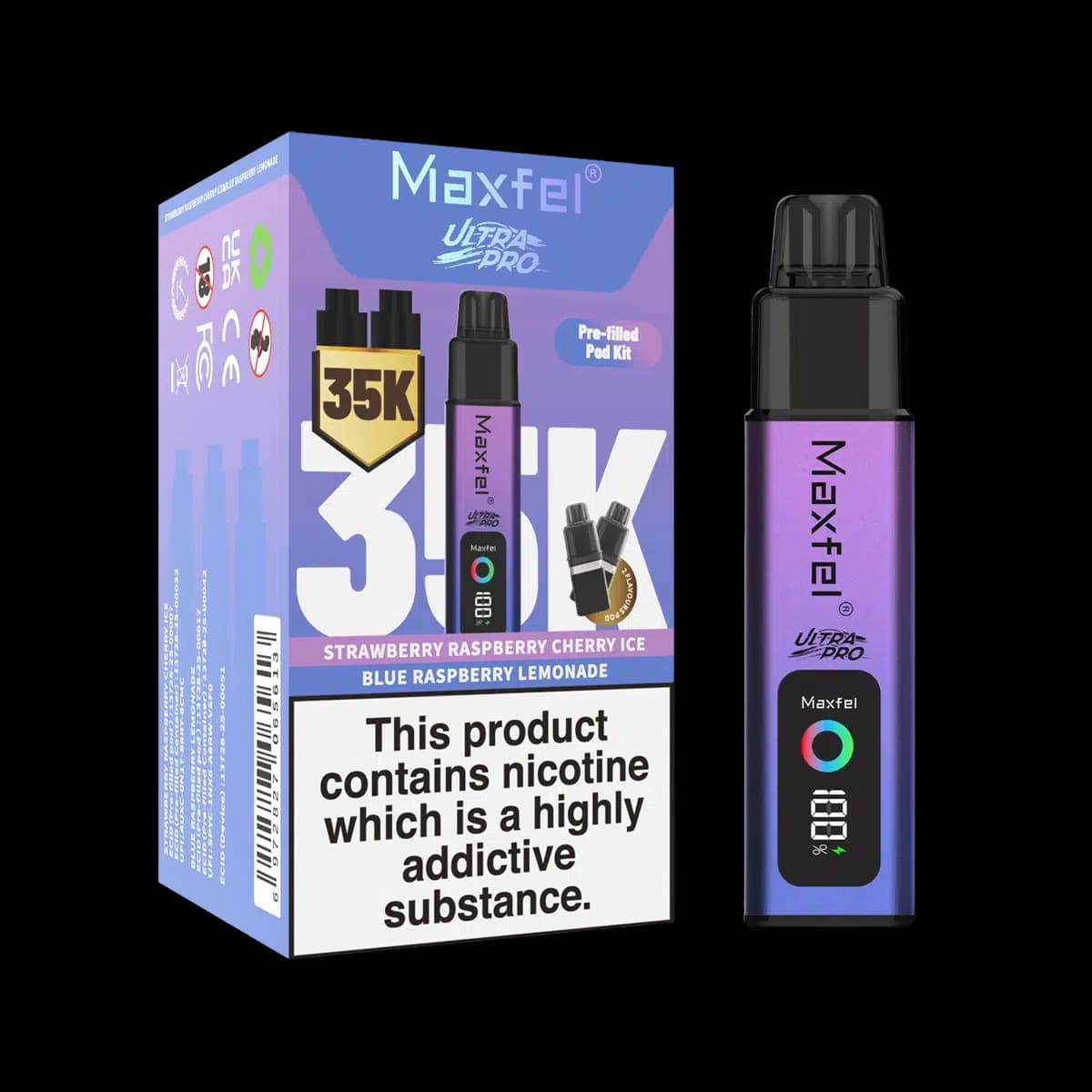 Maxfel Ultra Pro 35k Prefilled Pod Kit - Strawberry Raspberry Cherry Ice-Blue Raspberry Lemonade