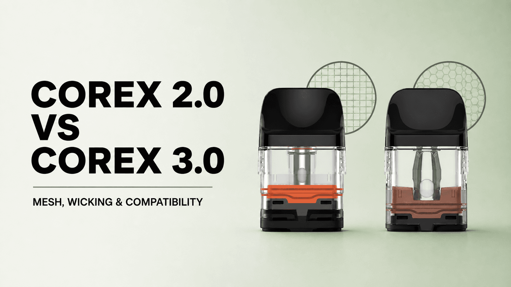 Actual COREX 2.0 pod with orange seal beside COREX 3.0 pod with revised bronze internal base