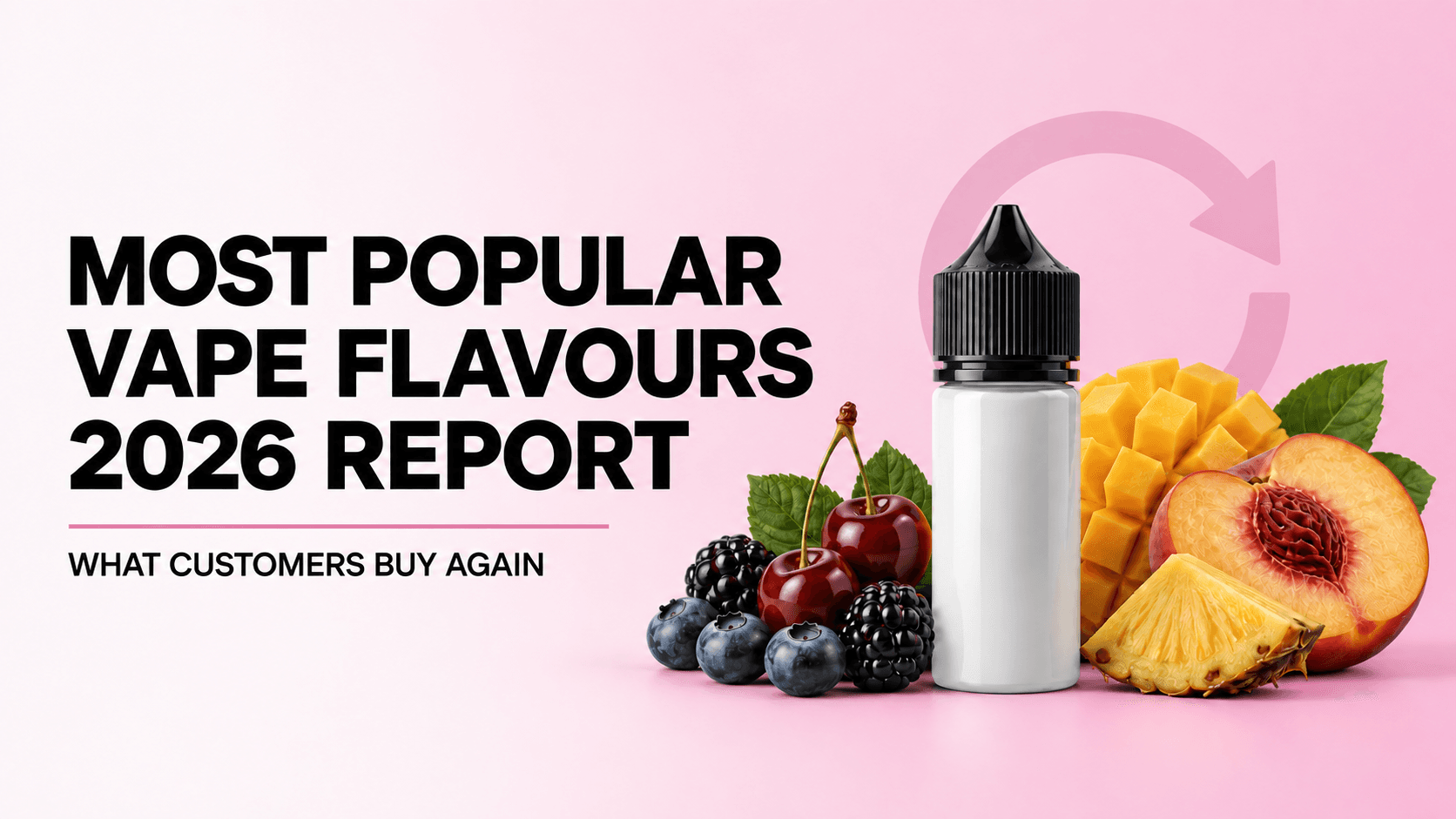 Unbranded e-liquid bottle with berries, cherries, mango, peach and pineapple beside a repeat-purchase arrow, with the heading Most Popular Vape Flavours 2026 Report
